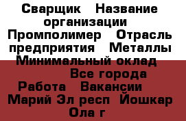 Сварщик › Название организации ­ Промполимер › Отрасль предприятия ­ Металлы › Минимальный оклад ­ 30 000 - Все города Работа » Вакансии   . Марий Эл респ.,Йошкар-Ола г.